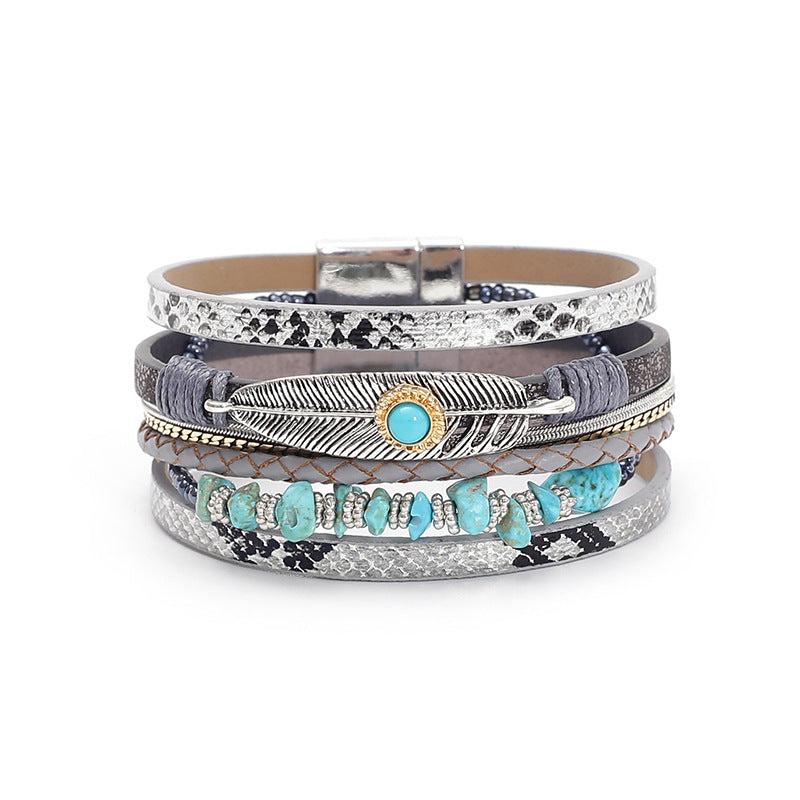 Wholesale Bohemian Feather Leather Turquoise Magnet Clasp Bracelet